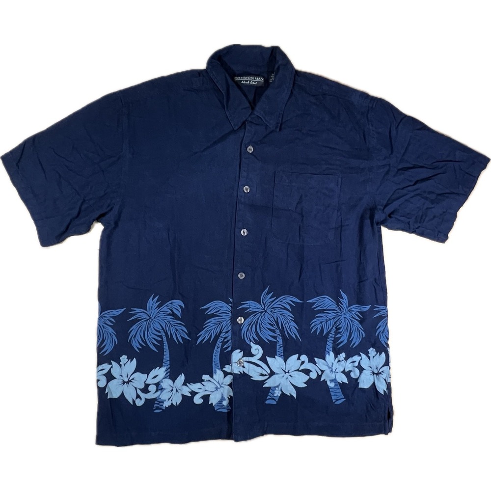 Common Man Silk Hawaiian Shirt Men Large Navy Blue Palm Tree Tropical Resortwear